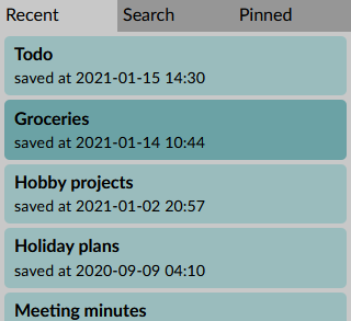 Find notes using the recent list or the full-text search, and pin your most-used ones